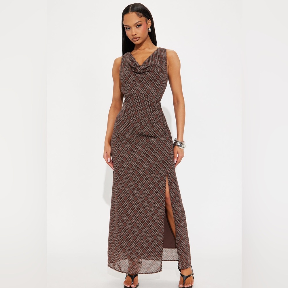 New Fashion Nova Brown Plaid Fully Lined Maxi Dress Size XS